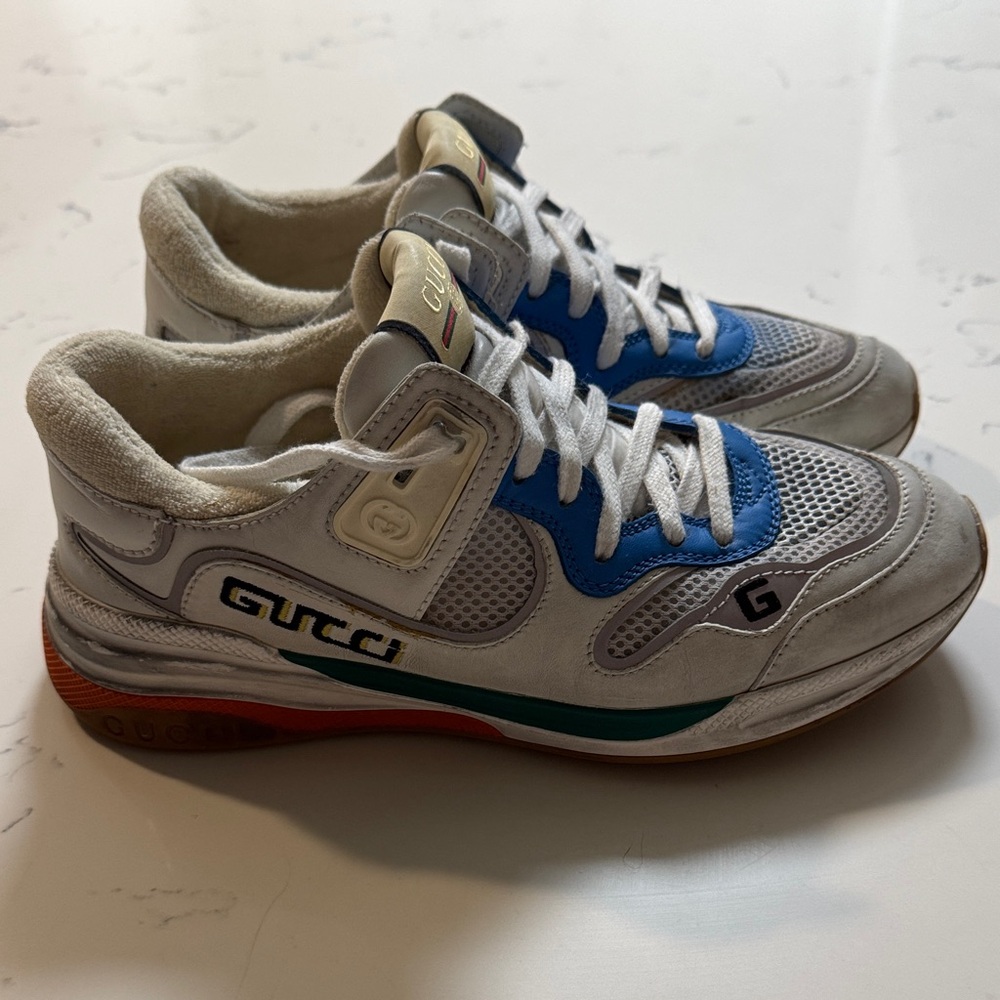 Gucci White and Blue Mesh Leather Sneakers - Picture 1 of 7